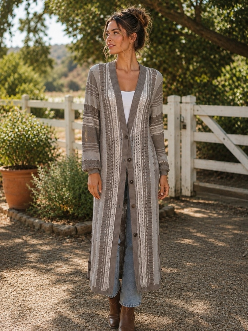 Simply Noelle L/XL Long Open Knit Duster Cardigan Taupe Boho Maxi Cotton Blend